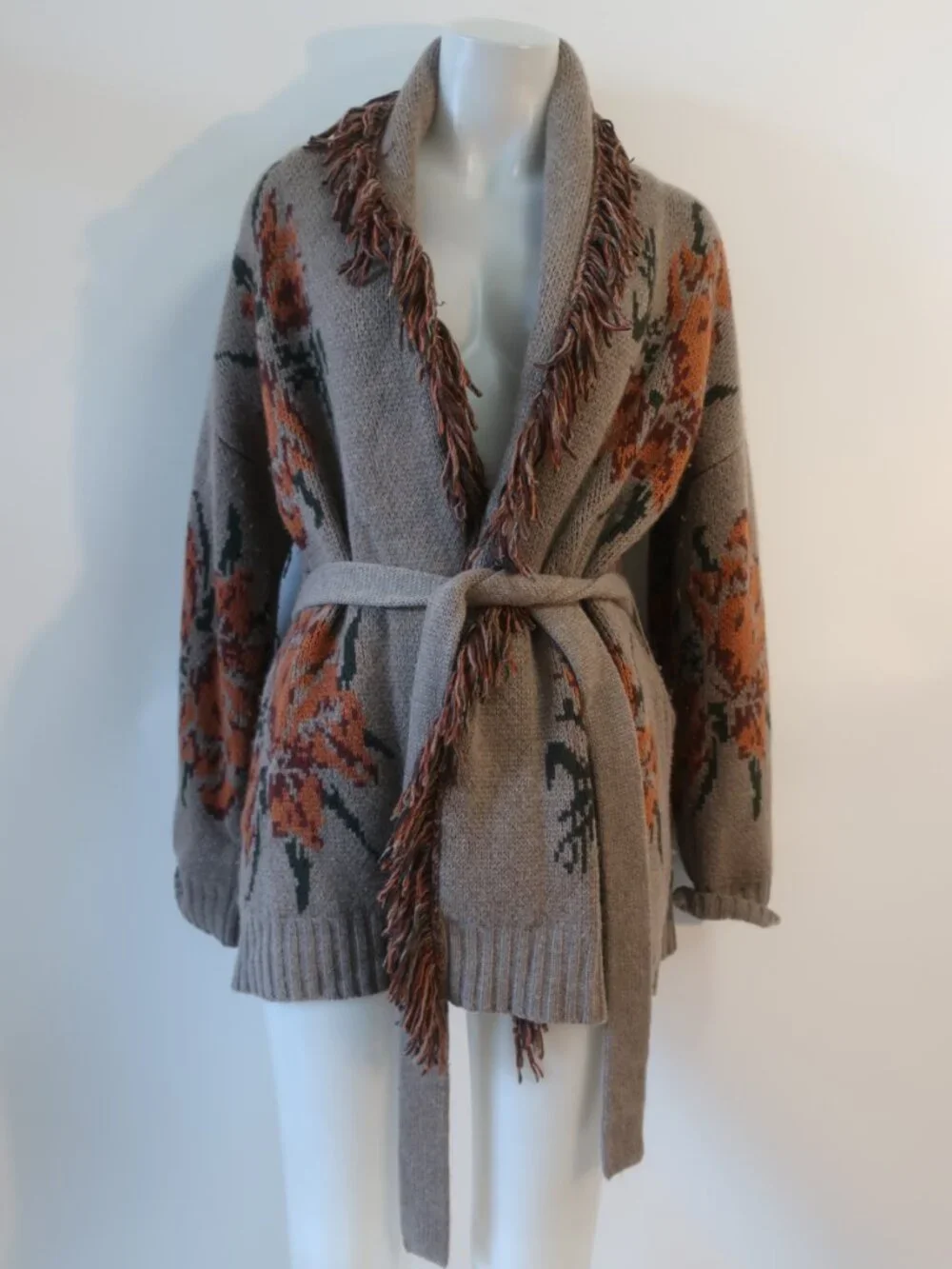 Womens Autumn Cashmere Brown, Orange, Grn Fringe Trim Belted Cardigan Sweater S - Picture 2 of 8